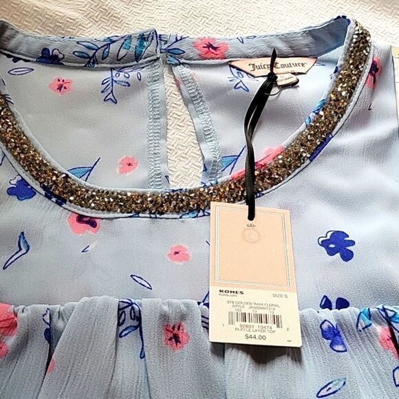 JUICY Couture Light Blue Floral Ruffle Layer Top Small NWT - Picture 5 of 6